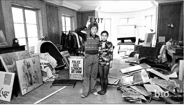 John and Yoko in their NYC Apartment 1972. Bag One Police Raid Lennon Art Show poster Evening Standard 1971